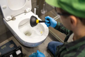 Licensed plumber performing toilet maintenance in Aurora Colorado home