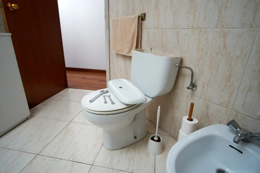 Licensed plumber performing toilet maintenance in Aurora Colorado home.
